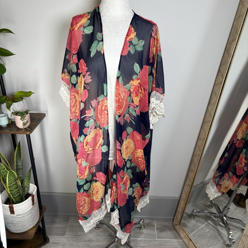 David and Young Womens OS Blue Floral Kimono Swim Cover Boho Lace Trim Chiffon